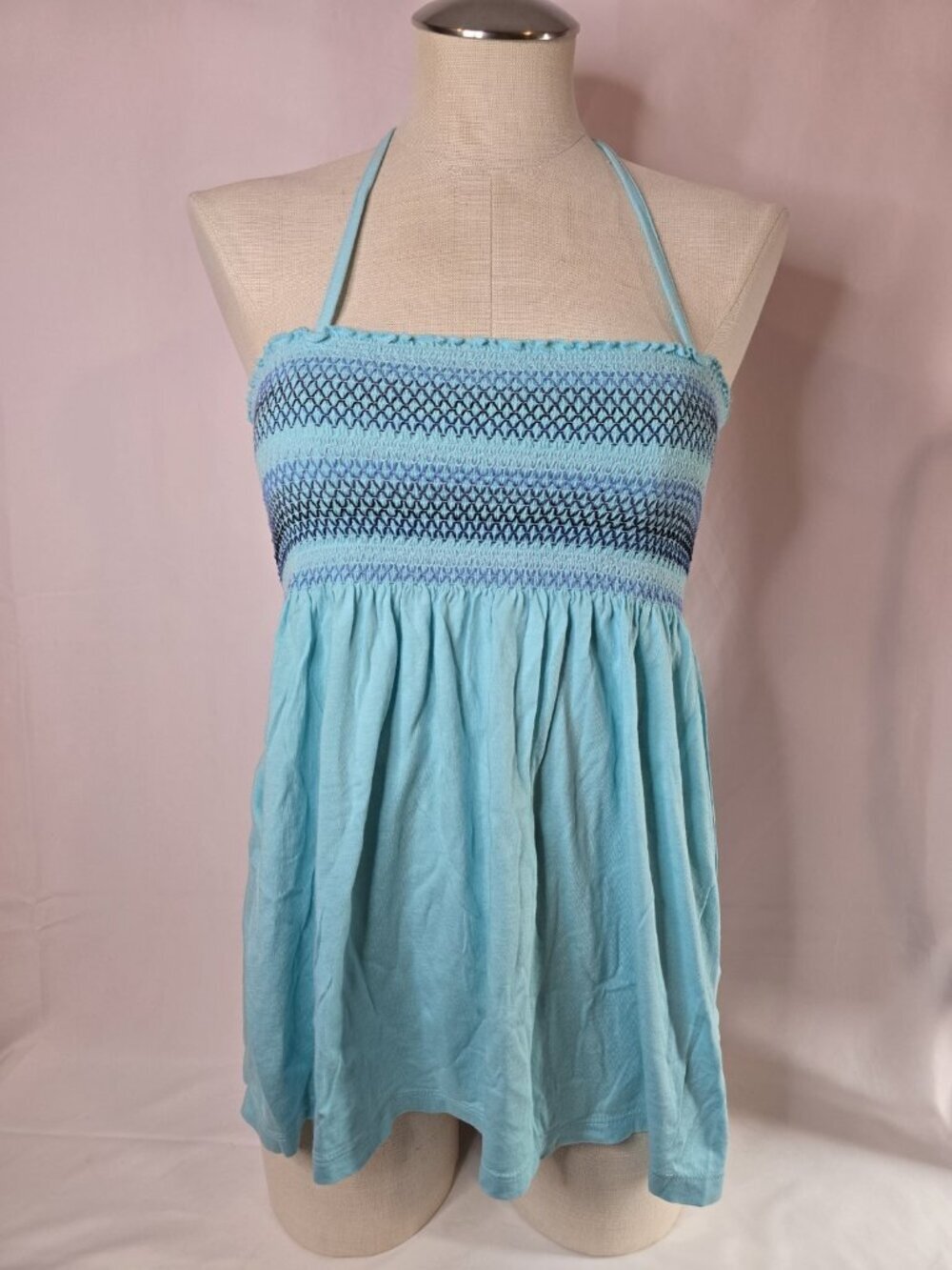 Old Navy Y2K Smocked Strapless Halter Top Womens XS Teal Babydoll Tank 2010s